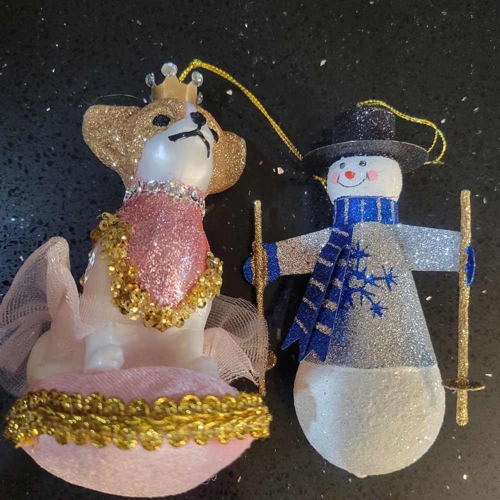 Glittery Dog and Snowman Ornaments